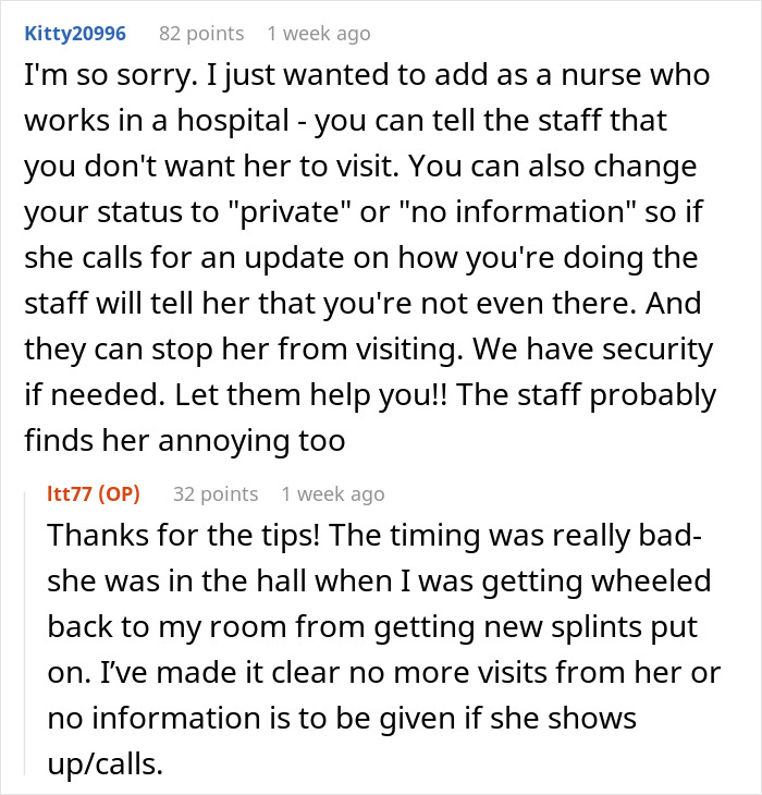 Online forum discussing a pregnant woman's hospital experience after a fall, with advice on handling MIL visits.