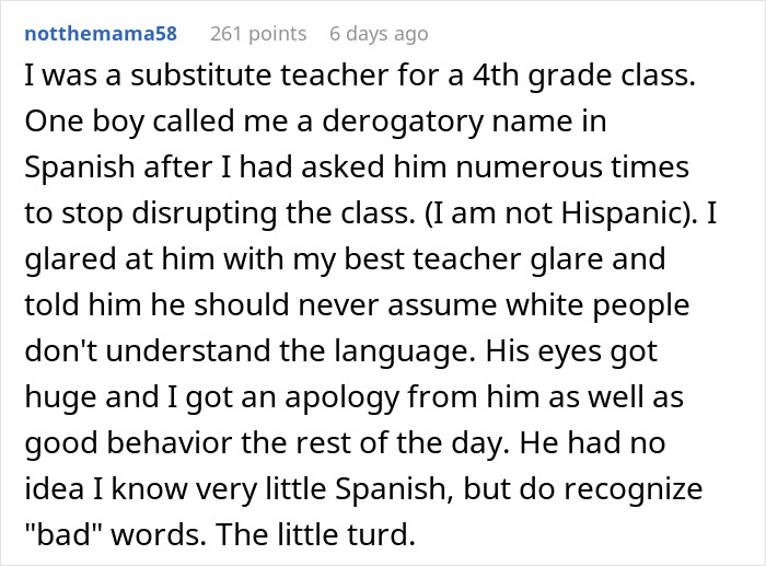 Reddit post about a substitute teacher shutting down a disruptive 4th grader.
