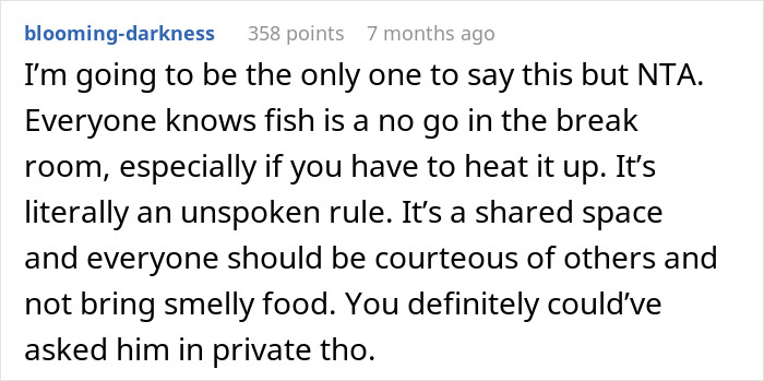 Text comment about eating fish in the breakroom and courtesy towards others.