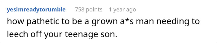 Online comment criticizing a parent for charging rent to a teenage son.