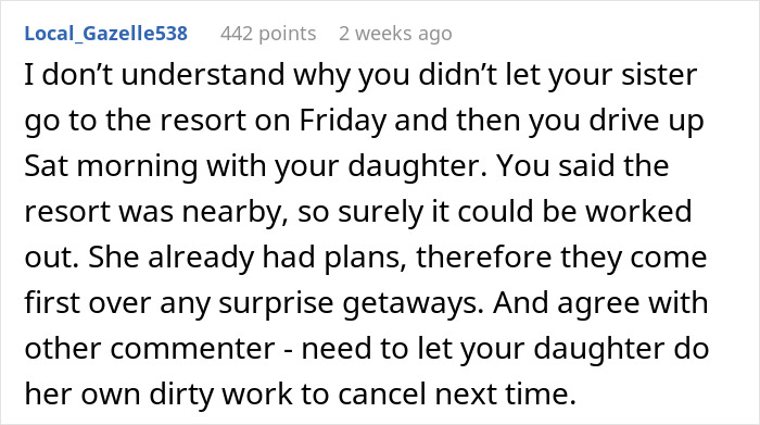 Text from a forum discusses prioritizing a family trip over a daughter's existing plans with friends.
