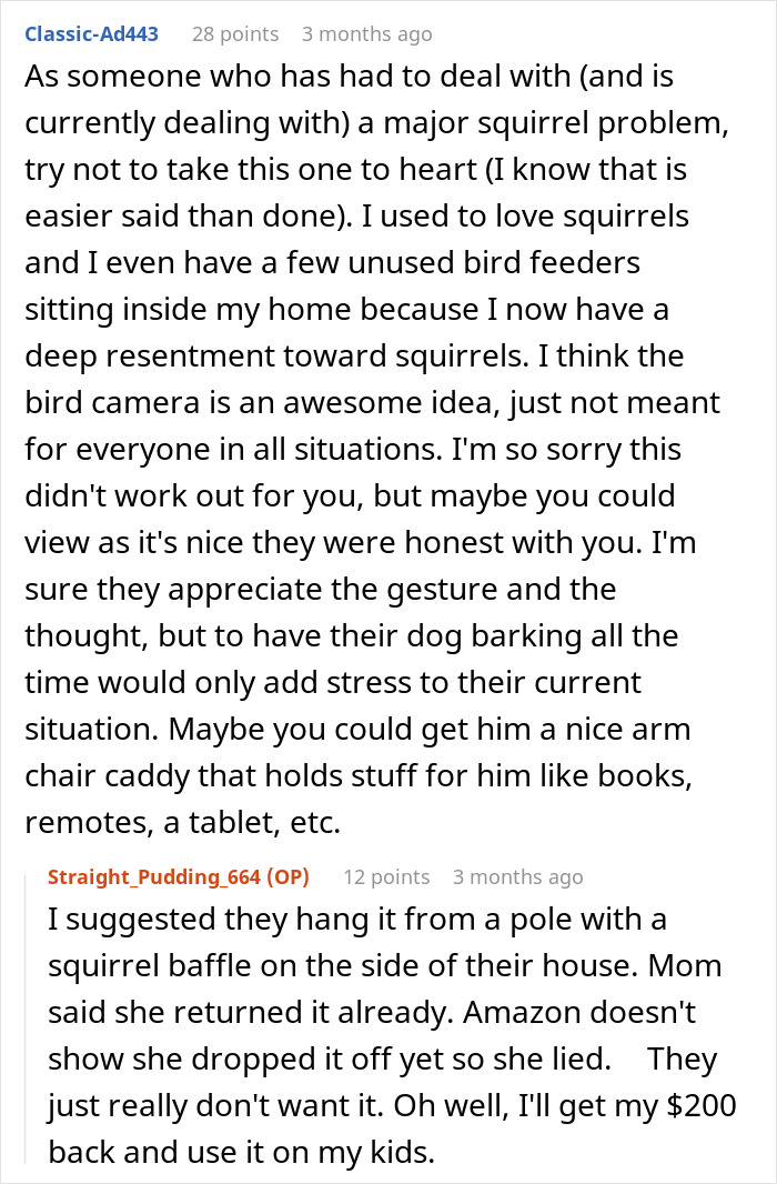 Reddit users discussing a returned special gift involving squirrels, causing emotional distress. Reddit users discussing a returned special gift involving squirrels, causing emotional distress.