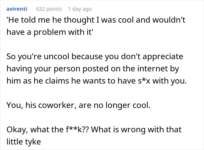 Screenshot of a Reddit comment about a teen's internet photo trend upsetting a coworker.