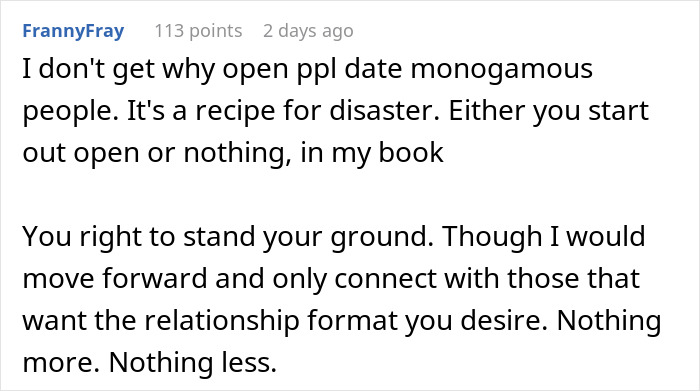 Comment on relationship dynamics discussing open relationships and monogamy.