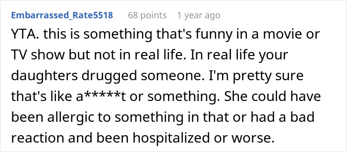 Comment about kids spiking dad's mistress&rsquo;s food, discussing potential dangers and consequences.