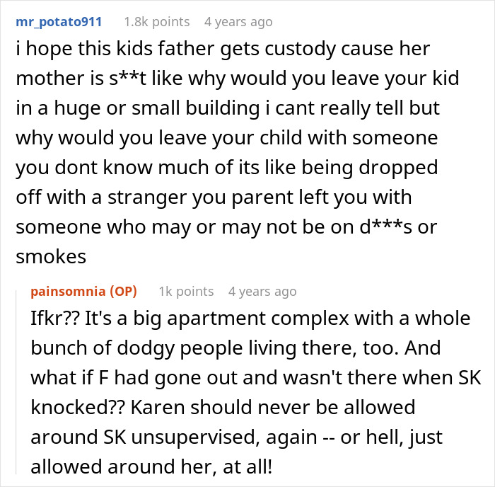 Reddit comments discussing a mother leaving her child with a neighbor, highlighting safety concerns.