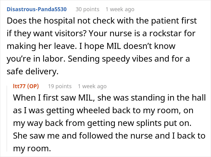 Reddit comments discussing a pregnant woman's hospital visit after a fall with an unexpected MIL encounter.