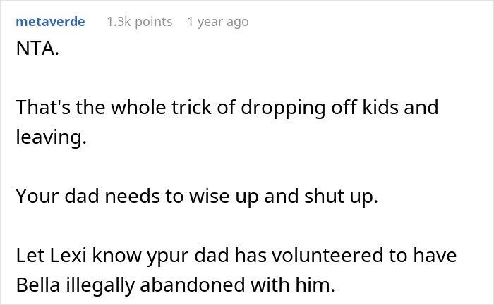 User comment on unexpected child drop-off without permission, discussing abandonment concerns. User comment on unexpected child drop-off without permission, discussing abandonment concerns.