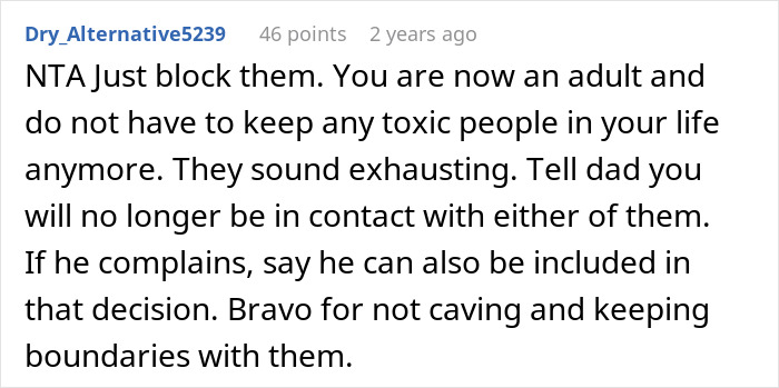 “Comment on refusing babysitting, mentioning blocking toxic people to maintain boundaries.” “Comment on refusing babysitting, mentioning blocking toxic people to maintain boundaries.”