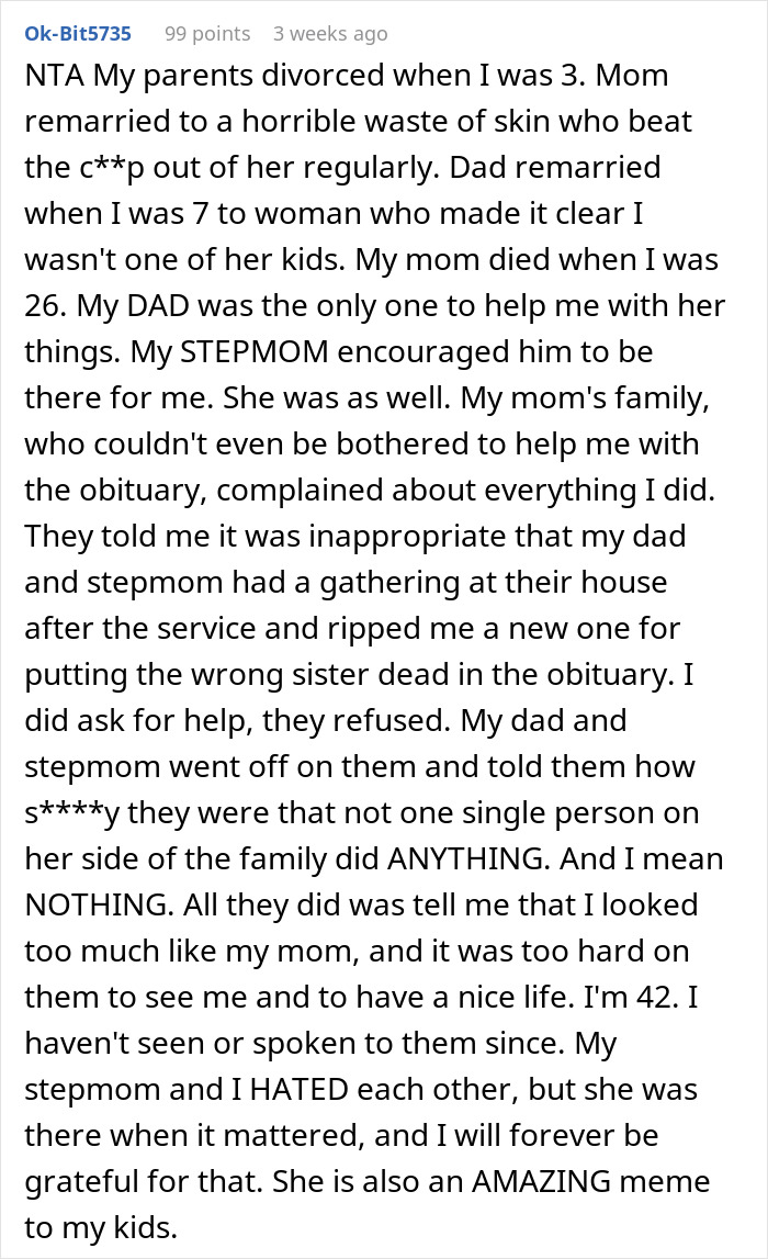 Reddit post discussing family issues after a mother’s passing and interactions with stepfamily. Reddit post discussing family issues after a mother’s passing and interactions with stepfamily.