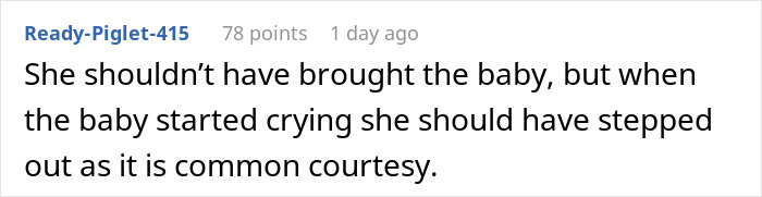 Text comment about baby crying at a friend's birthday, suggesting stepping out as courtesy.