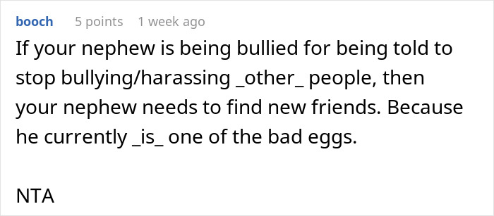Online comment discussing nephew's behavior and need for new friends.