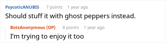 Commenters discuss altering stuffed cheese bread with meat. Commenters discuss altering stuffed cheese bread with meat.