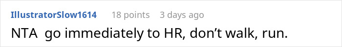 Reddit comment discussing refusal to date a pregnant woman, advising to go to HR immediately.