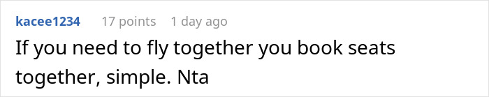 Reddit comment about booking plane seats together, related to refusing seat for a pregnant woman. Reddit comment about booking plane seats together, related to refusing seat for a pregnant woman.