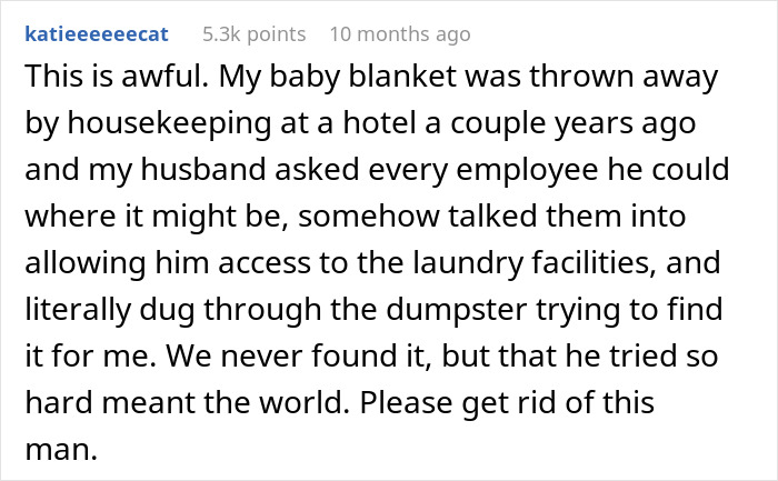 Text comment about a baby blanket, expressing emotional distress over its loss.