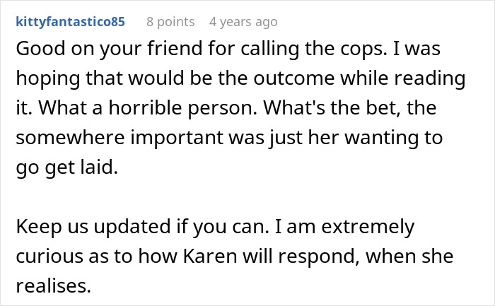 Comment discussing a conflict between neighbors over childcare, mentioning police involvement and curiosity about Karen's reaction.