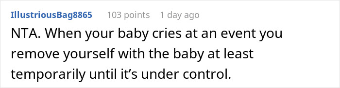Reddit comment on baby crying at a friend's birthday event and handling the situation.