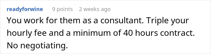 Text from a forum user discussing consulting fee and contract terms.