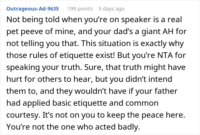 Text about a woman speaking the truth to her family, addressing a drama involving etiquette and honesty.