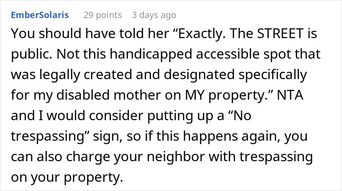 Comment on disabled neighbor's parking spot and trespassing issue.