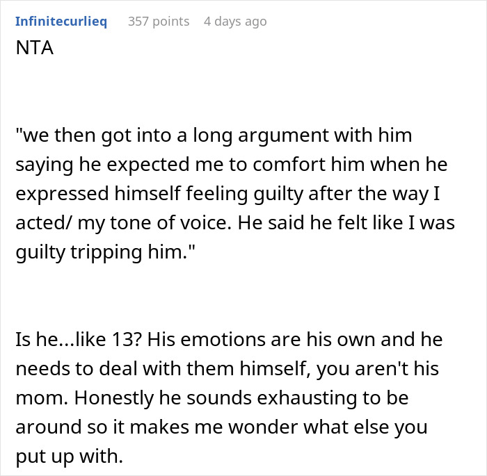 Reddit comment discussing a boyfriend confrontation, mentioning guilt and emotional responsibility in relationships.