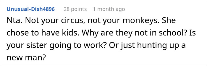 Screenshot of a comment addressing a teenager fleeing a babysitting situation, questioning sister's decisions.