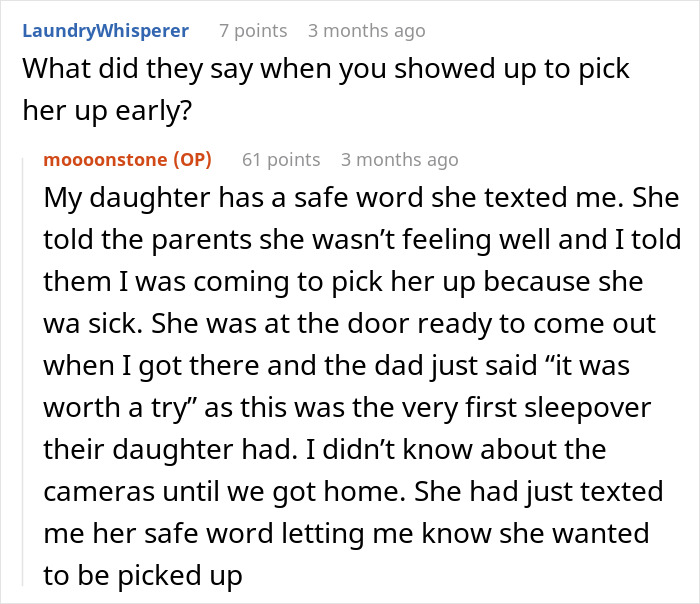 Text discussion about a sleepover incident, involving a daughter using a safe word to alert her mom. Text discussion about a sleepover incident, involving a daughter using a safe word to alert her mom.