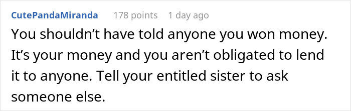 Comment discussing sibling demanding money for surgery despite past theft.