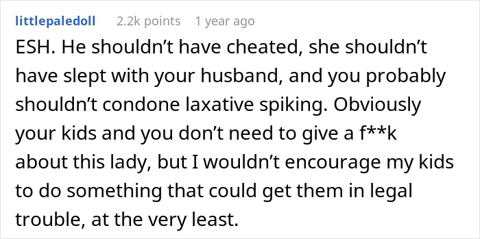 Reddit comment discussing kids, dad's mistress, and laxative incident consequences.