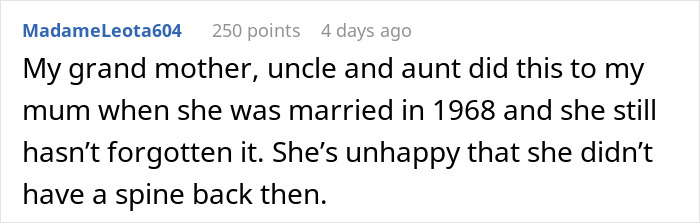 Comment discussing in-laws vacationing at honeymoon spot, referencing a memory from 1968.