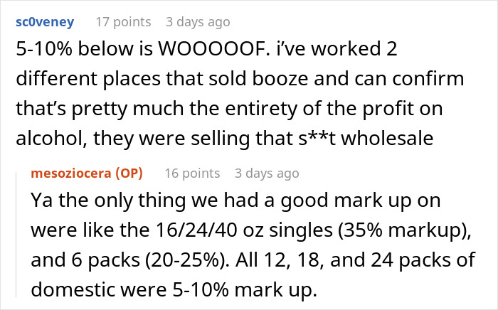 Reddit discussion about alcohol pricing, highlighting markup variations and profit margins. Reddit discussion about alcohol pricing, highlighting markup variations and profit margins.