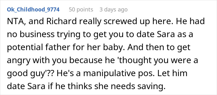 Reddit comment discussing refusal to date pregnant woman and potential single mother.