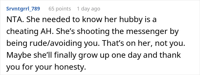 Reddit comment about honesty in relationships and confronting infidelity between neighbors.