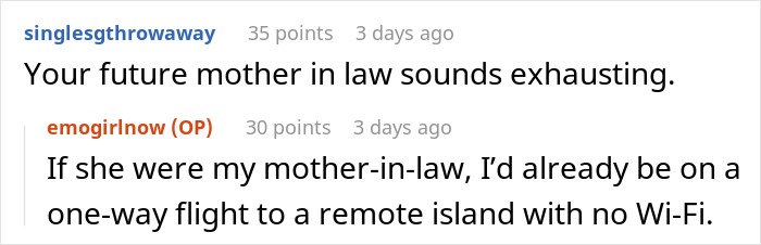 Reddit comments about a mom trying to set up her son, mentioning mother-in-law concerns.