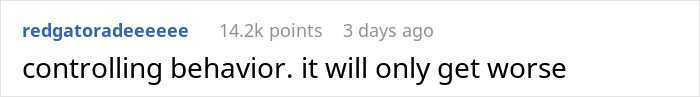 Comment about controlling behavior related to gym routine, highlighting relationship dynamics. Comment about controlling behavior related to gym routine, highlighting relationship dynamics.