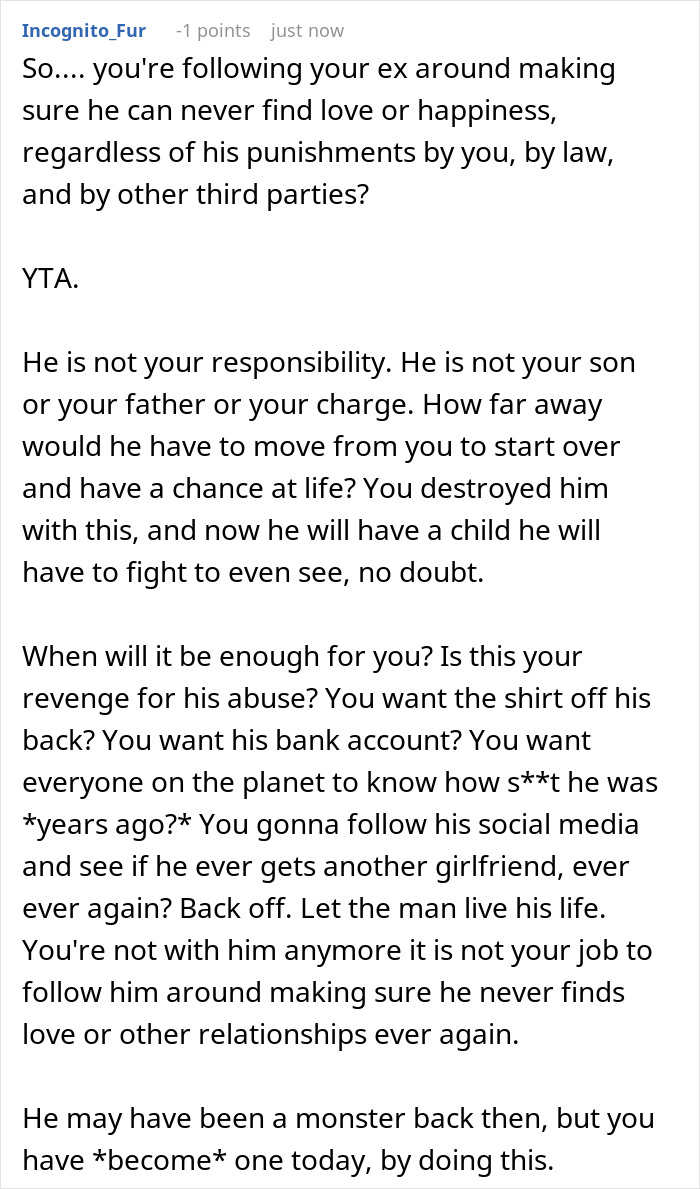 Text from a Reddit user criticizing a woman warning her ex's pregnant wife about his criminal record.