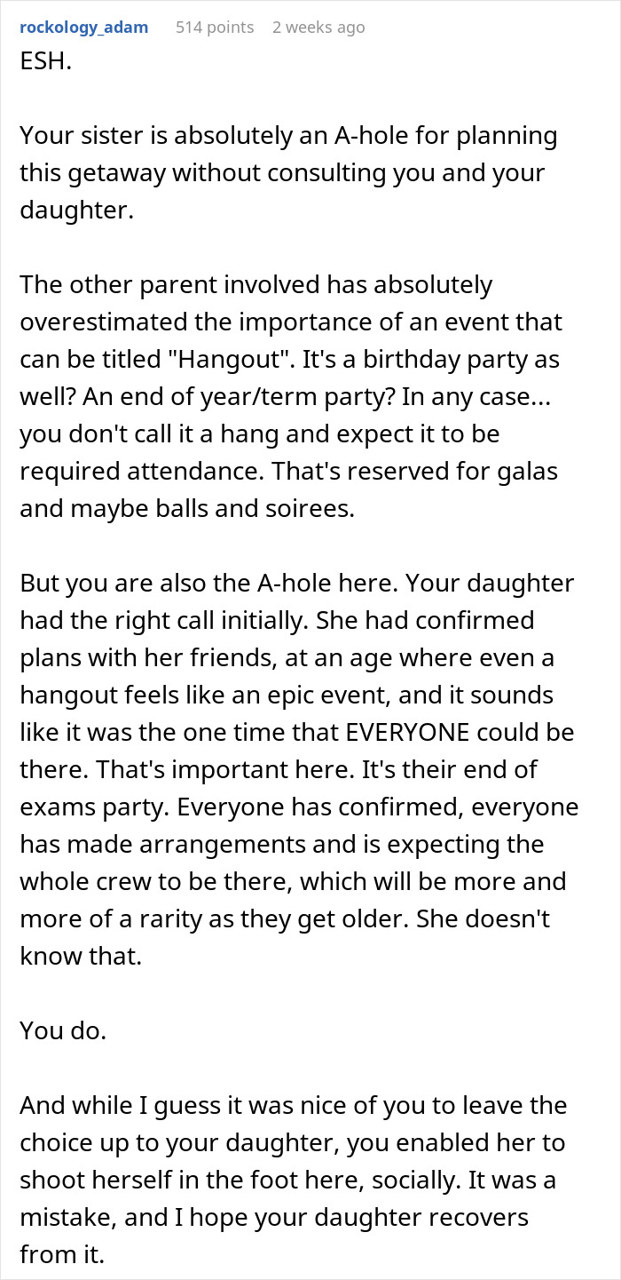 Text response discussing parenting decisions on prioritizing a family trip over a daughter's plans with friends.