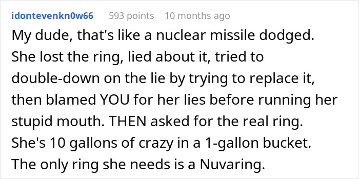 Reddit comment discussing fianc&eacute;e's reaction to swapped fake ring and engagement ending.