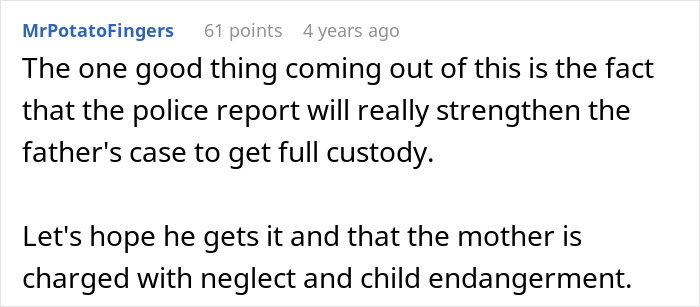Reddit comment discussing a police report boosting a father's custody case, mentioning neglect and child endangerment.