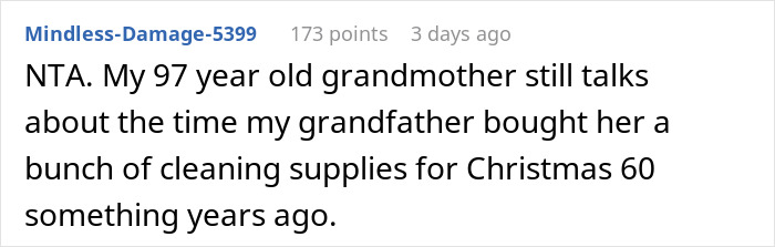 Comment recounting a grandmother's memory of receiving cleaning supplies as a Christmas gift from her husband 60 years ago.