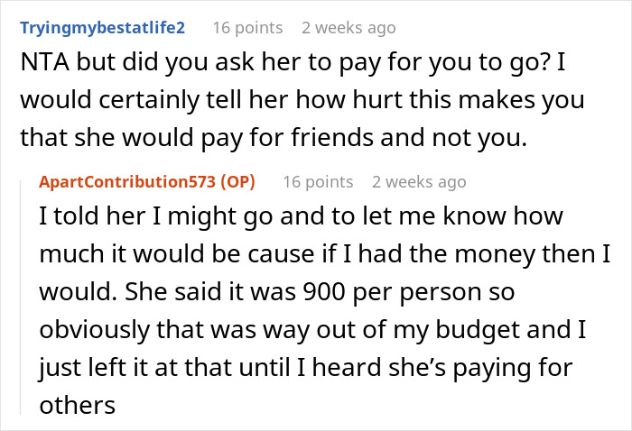Reddit comments about not being invited on a family holiday, discussing feelings and costs.