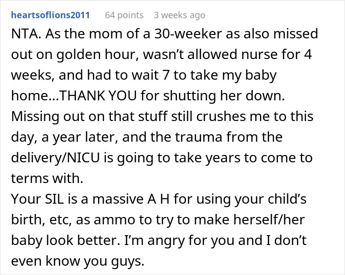 Reddit comment criticizing a woman for using a child's birth to make herself look better.