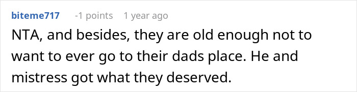 Reddit comment criticizing dad's mistress and implying she deserved consequences from kids' prank.