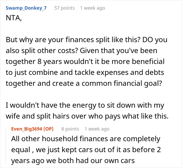 Reddit discussion about splitting car bills and household finances equally in a relationship. Reddit discussion about splitting car bills and household finances equally in a relationship.