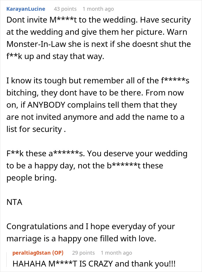 Text exchange discussing wedding drama over menu changes requested by a new vegan.