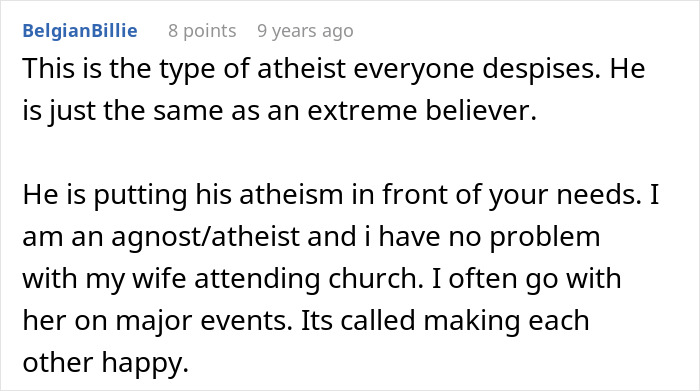 Comment on atheism, relationships, and compromise, shared by a user named BelgianBillie.