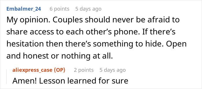 Reddit comments discussing relationship honesty and phone access.