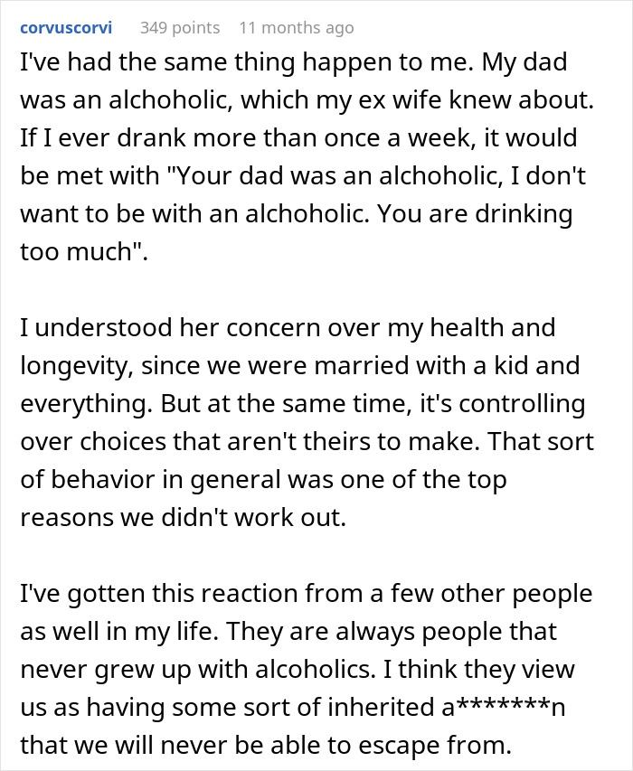 Text recounts a story about alcohol and family genes, comparing shared experiences of genetic alcoholism.