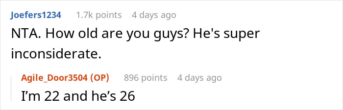 Reddit comments on a boyfriend confrontation about cooking, discussing inconsiderate behavior and age difference.